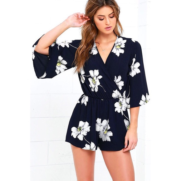 Lulus Pants - Lulus Flow On Navy Blue Floral Print Romper